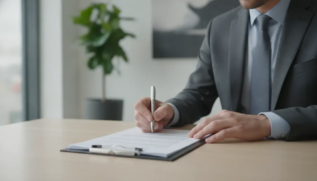 Professionnel en costume consultant un contrat d'assurance responsabilité civile professionnelle dans un bureau moderne lumineux