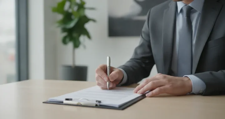 Professionnel en costume consultant un contrat d'assurance responsabilité civile professionnelle dans un bureau moderne lumineux