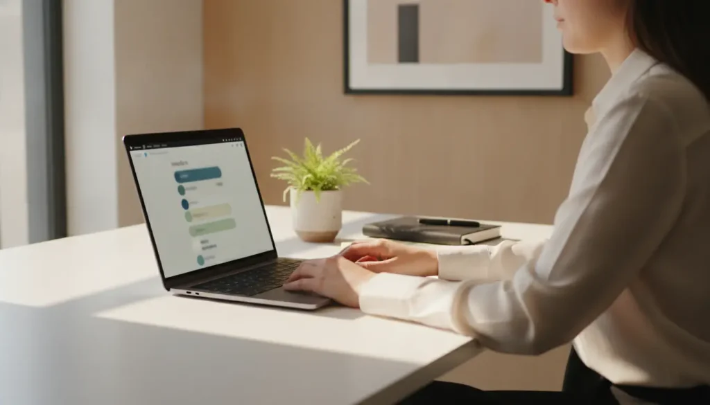 Femme au bureau consultant une interface de facturation sur ordinateur portable