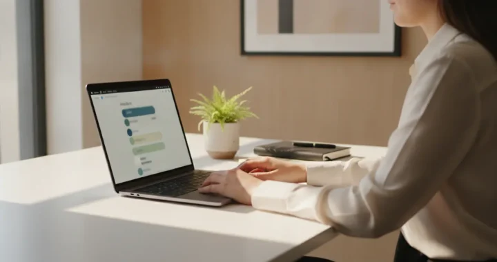 Femme au bureau consultant une interface de facturation sur ordinateur portable