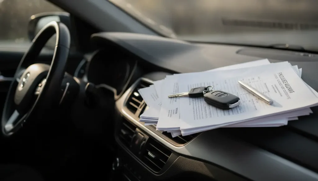 Auto-entrepreneur consultant des documents d'assurance professionnelle dans son véhicule, clés de voiture et stylo visibles, lumière naturelle