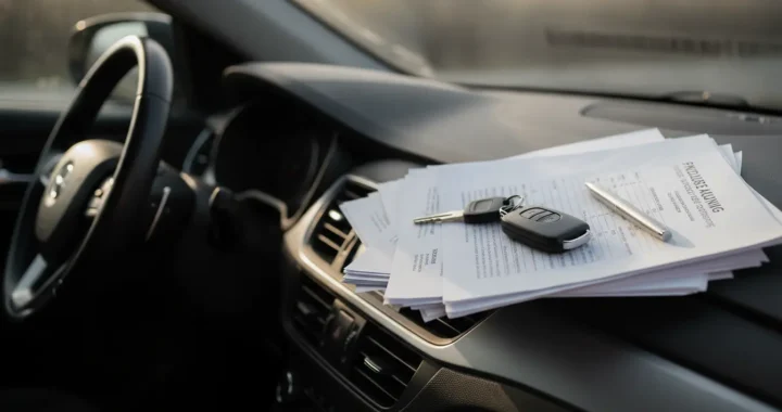 Auto-entrepreneur consultant des documents d'assurance professionnelle dans son véhicule, clés de voiture et stylo visibles, lumière naturelle