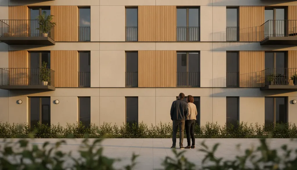 Couple de dos devant un immeuble résidentiel moderne, projet d'achat immobilier à financer par un prêt