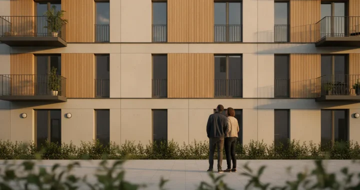 Couple de dos devant un immeuble résidentiel moderne, projet d'achat immobilier à financer par un prêt
