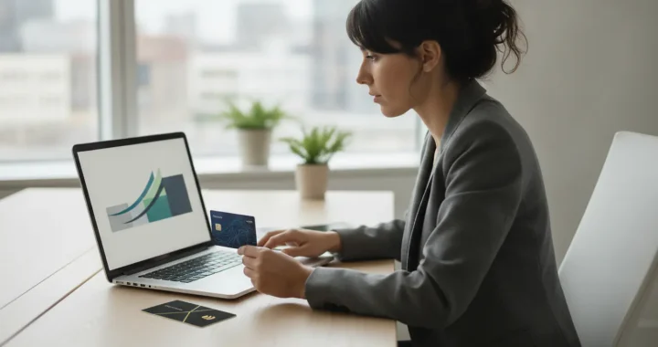 Entrepreneuse consultant son compte bancaire professionnel sur ordinateur portable avec carte bancaire en main
