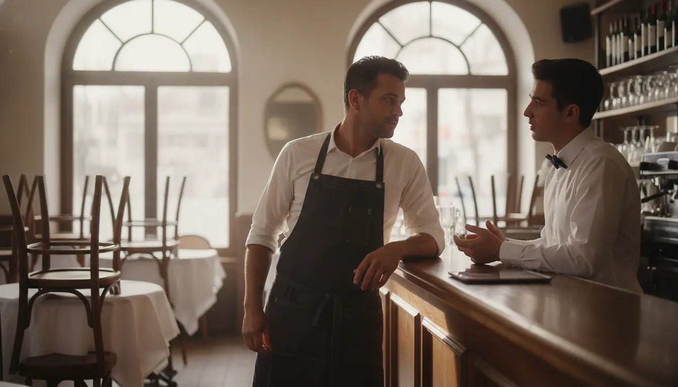 Gérant de restaurant et serveur échangeant en salle avant le service
