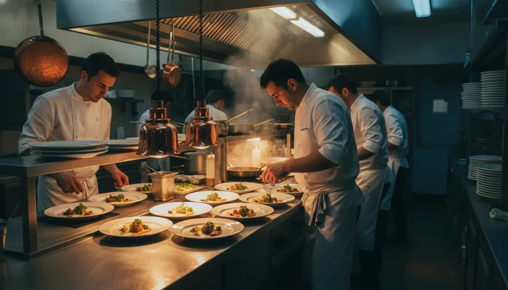 Brigade de cuisine en plein service dans un restaurant