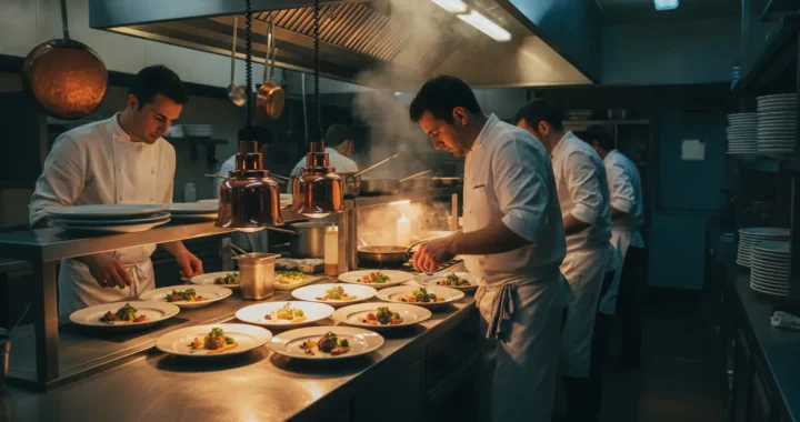 Brigade de cuisine en plein service dans un restaurant