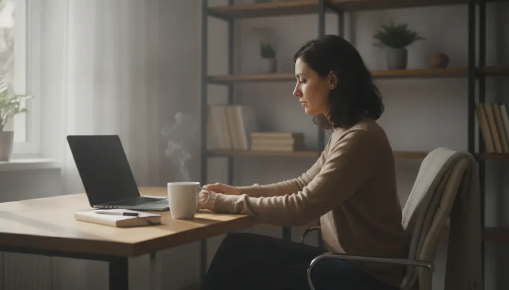 Freelance travaillant depuis son bureau à domicile, ordinateur portable, café, lumière naturelle