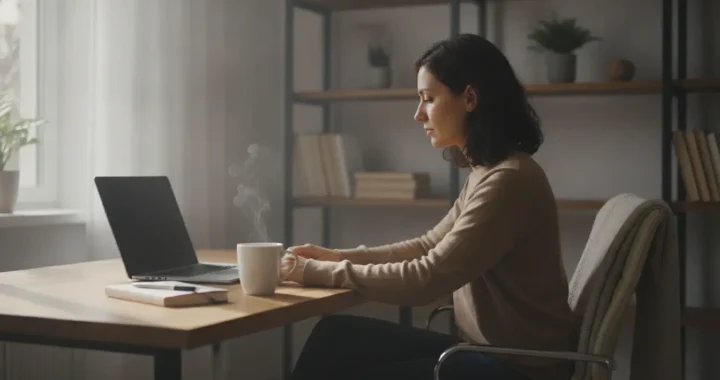 Freelance travaillant depuis son bureau à domicile, ordinateur portable, café, lumière naturelle