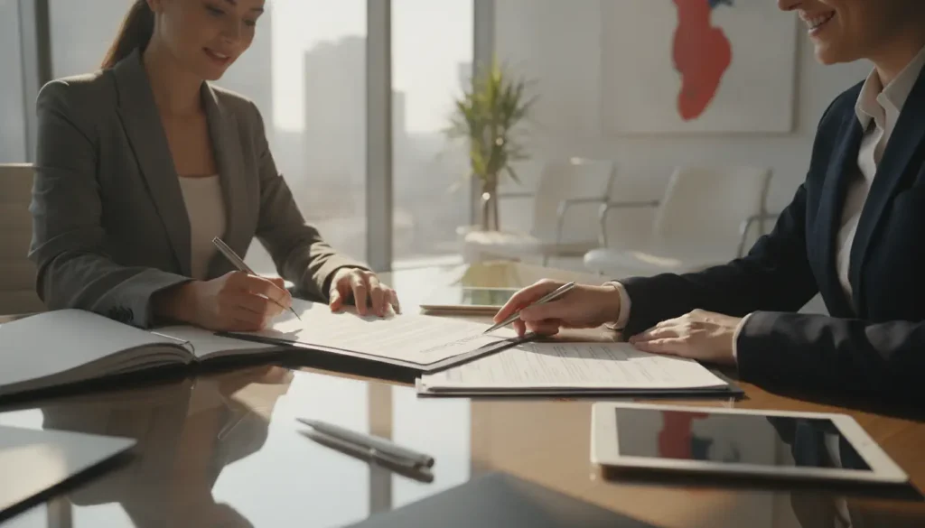 Chef d'entreprise signant un contrat d'assurance dans un bureau professionnel moderne, lumière naturelle, documents sur le bureau
