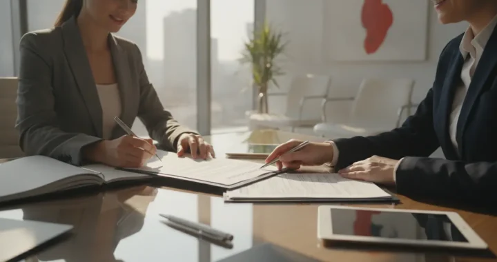 Chef d'entreprise signant un contrat d'assurance dans un bureau professionnel moderne, lumière naturelle, documents sur le bureau
