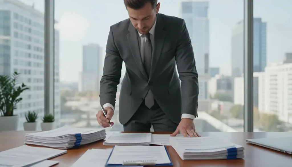 Chef d'entreprise consultant des documents d'assurance professionnelle sur un bureau moderne éclairé par la lumière naturelle