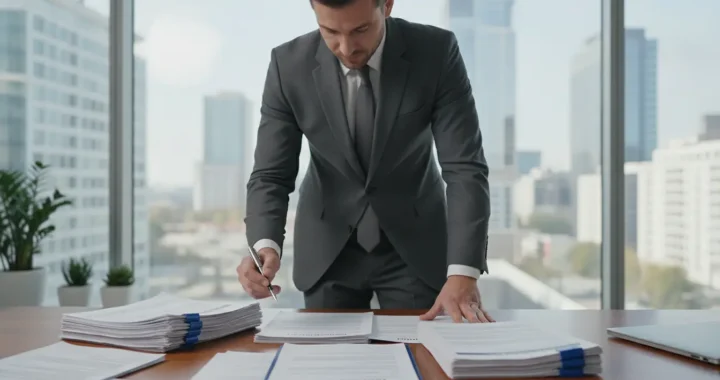 Chef d'entreprise consultant des documents d'assurance professionnelle sur un bureau moderne éclairé par la lumière naturelle