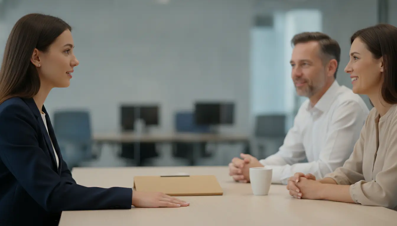 Entretien de recrutement d'une alternante face à deux professionnels dans un bureau d'entreprise