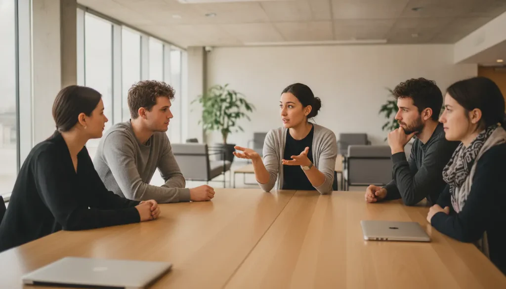 Quatre étudiants d'un bachelor développeur web échangent autour d'une table de travail dans une salle lumineuse