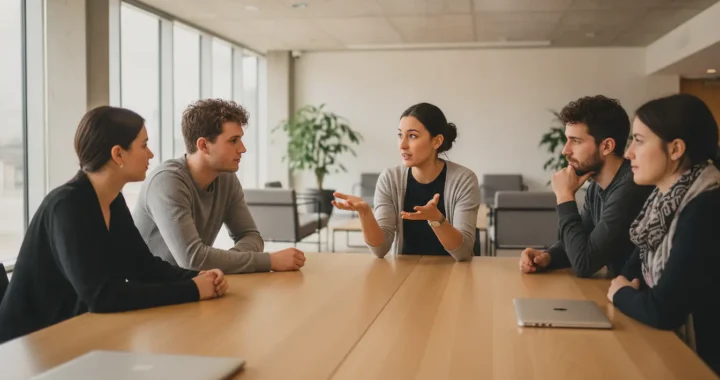 Quatre étudiants d'un bachelor développeur web échangent autour d'une table de travail dans une salle lumineuse