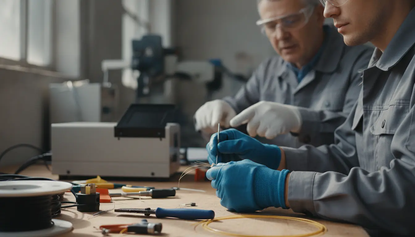 Stagiaire en tenue de travail s'exerçant au raccordement de fibre optique à l'établi, sous le regard d'un formateur