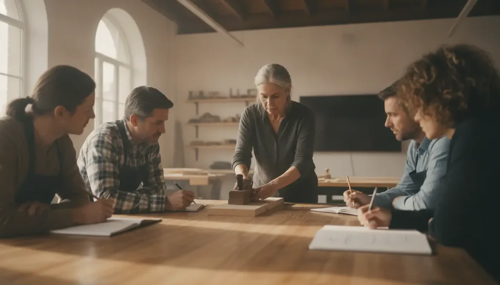Groupe d'adultes de tous âges autour d'une table d'atelier dans un centre de formation professionnelle, écoutant une formatrice