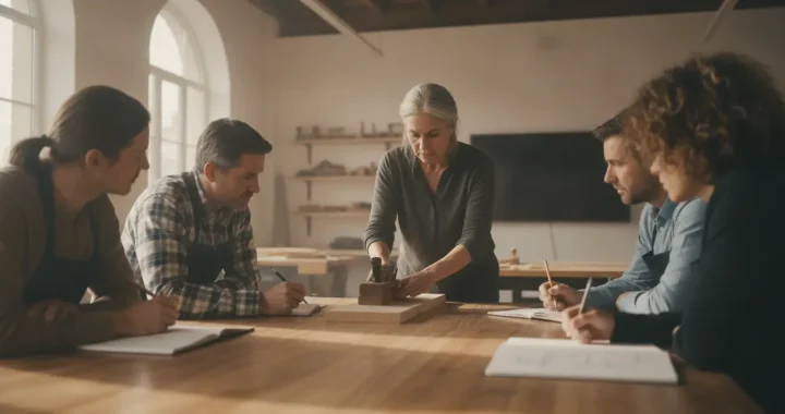 Groupe d'adultes de tous âges autour d'une table d'atelier dans un centre de formation professionnelle, écoutant une formatrice