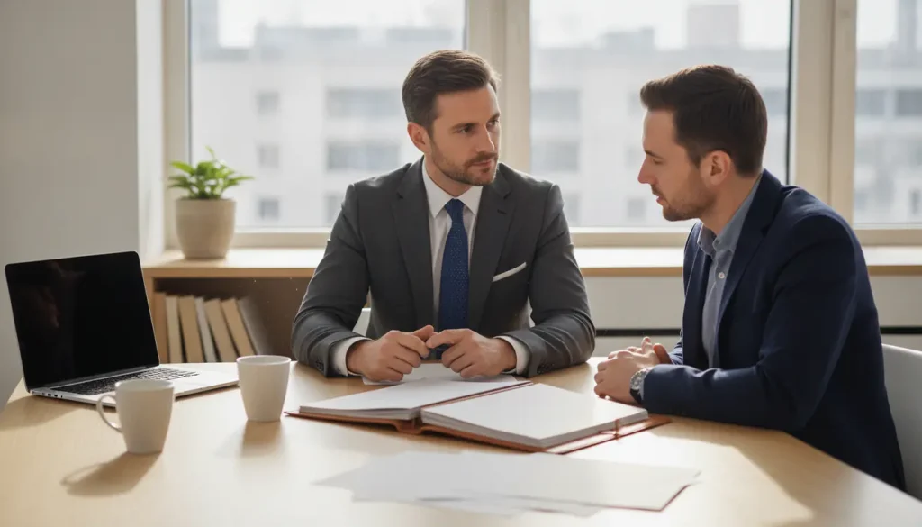 Coach professionnel en entretien avec un client dans un bureau lumineux