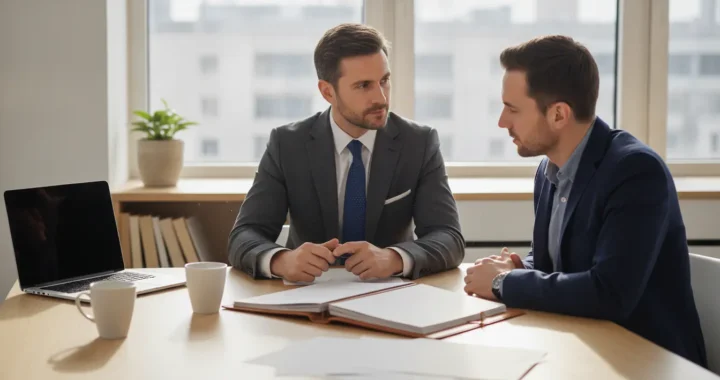 Coach professionnel en entretien avec un client dans un bureau lumineux
