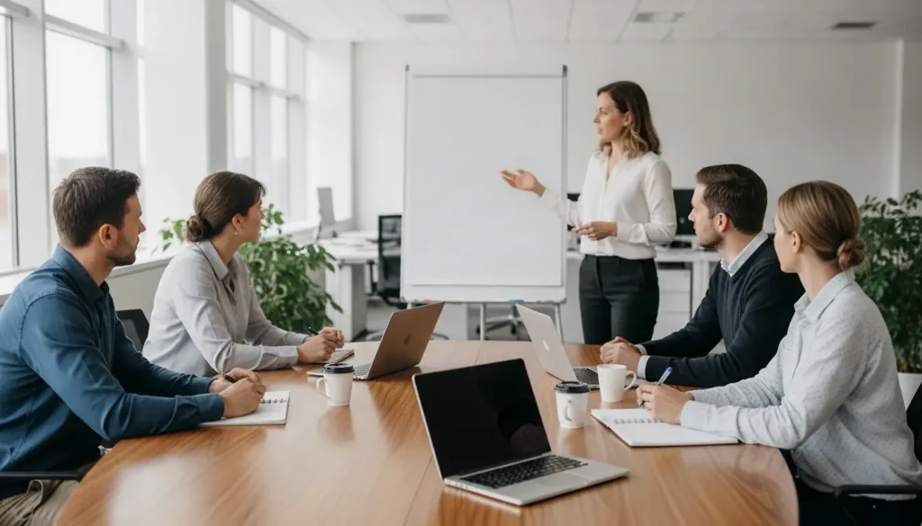 Groupe de collaborateurs suivant une formation linguistique en entreprise en salle de réunion