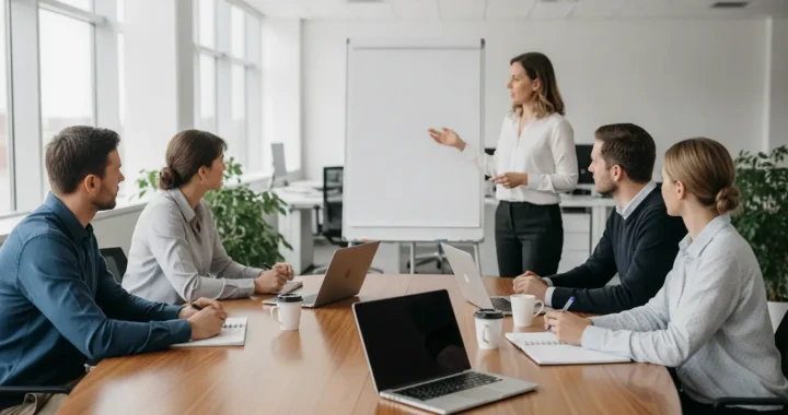 Groupe de collaborateurs suivant une formation linguistique en entreprise en salle de réunion