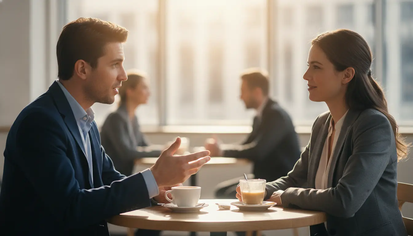 Deux collaborateurs pratiquent une conversation professionnelle en langue étrangère autour d'un café